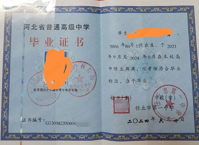 卫辉任丘市第一中学高中毕业证样本图片