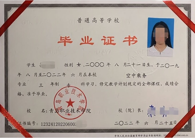 卫辉青岛职业技术学院毕业证样本图片